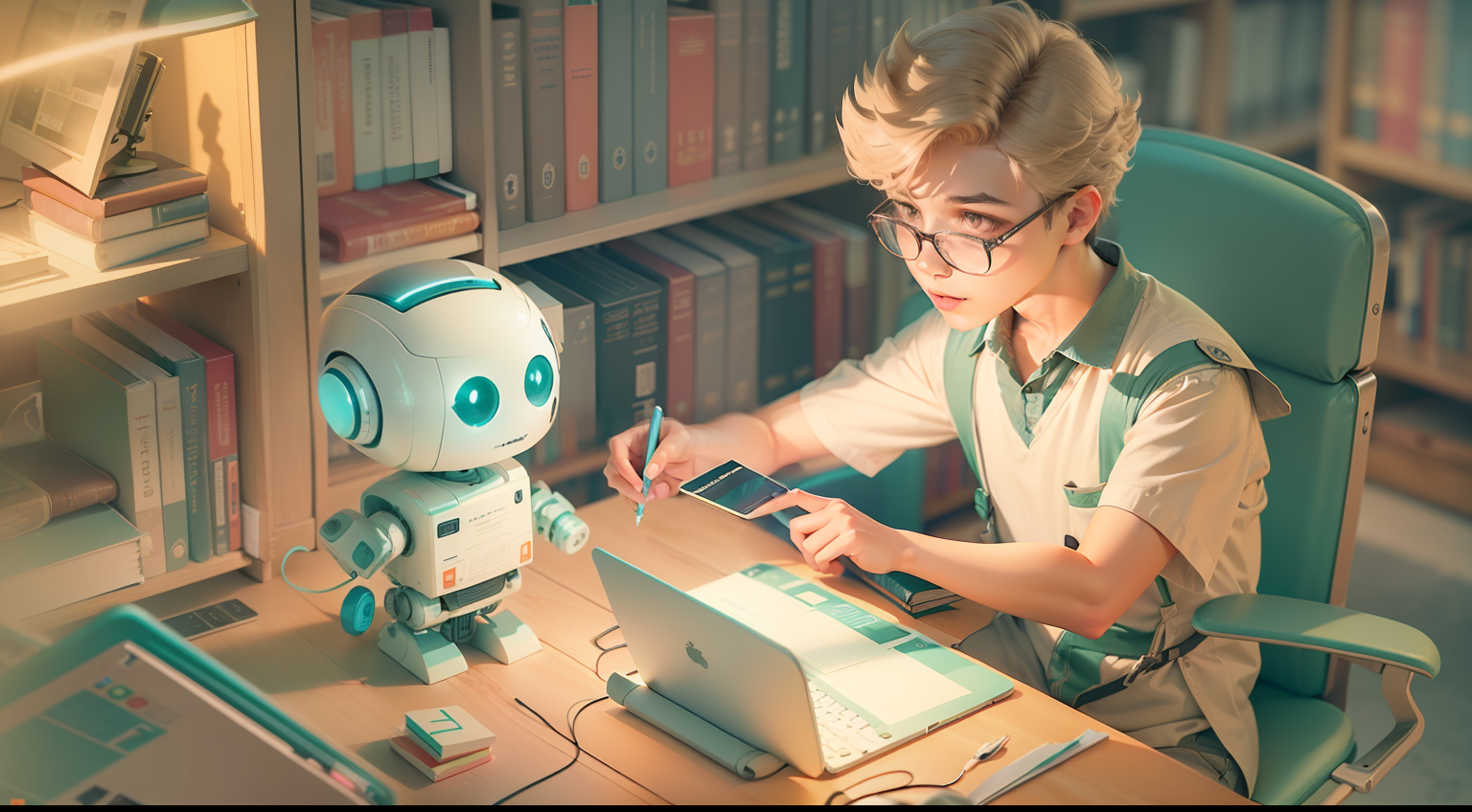A developer working with a laptop and a mini robot assistant standing on the table